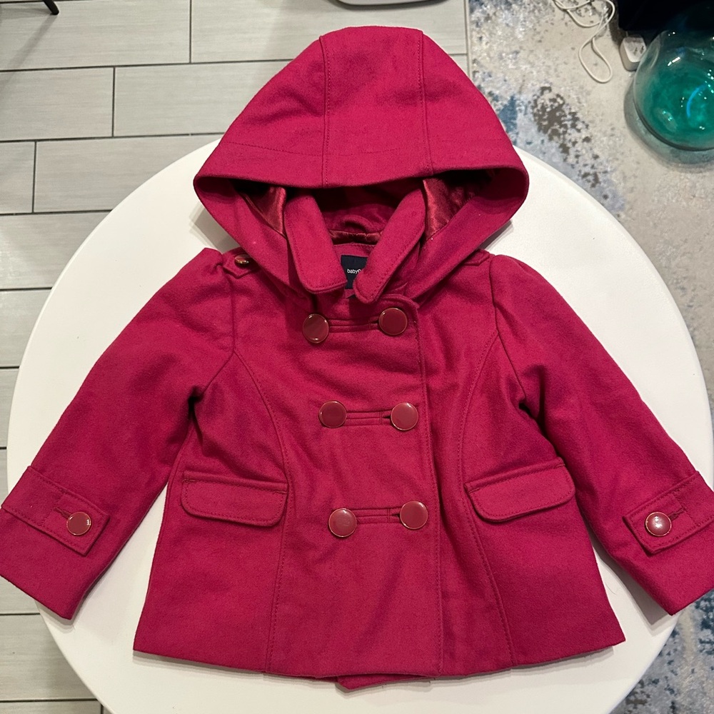 Baby Gap Girls Hooded Pea Coat Pink/Magenta Double Breasted Winter Jacket 2T